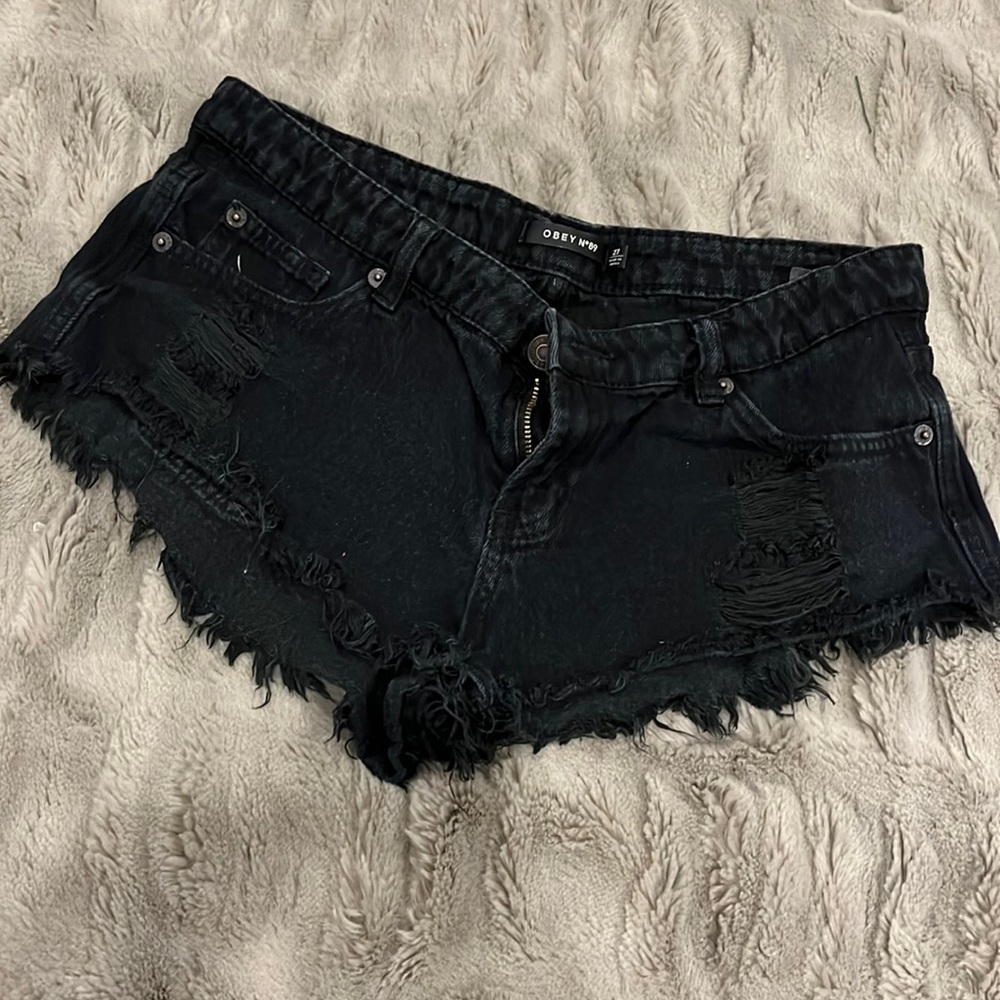 Obey black denim low rise shorts